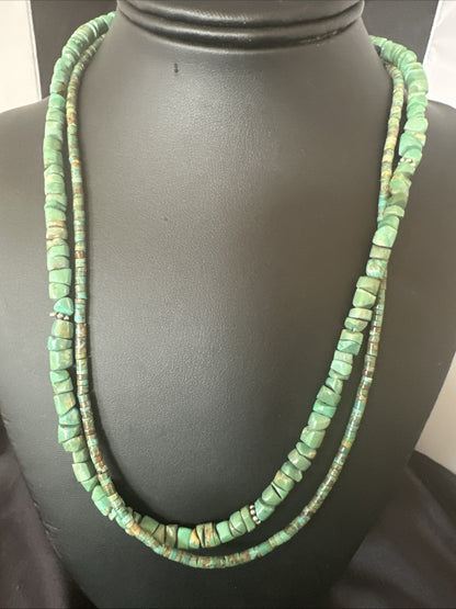 Sterling Silver Beads Heishi Green Turquoise 2 Strands Bead Necklace 18890