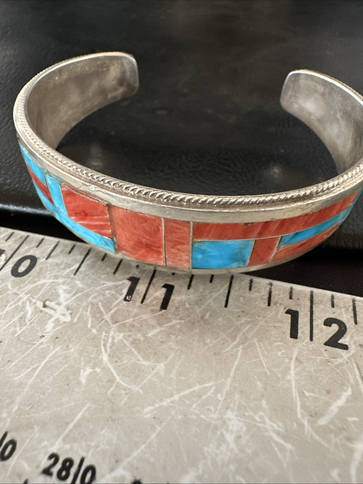 Blue Turquoise Spiny Oyster Zuni Sterling Silver Cuff Inlay Bracelet 7" 18994