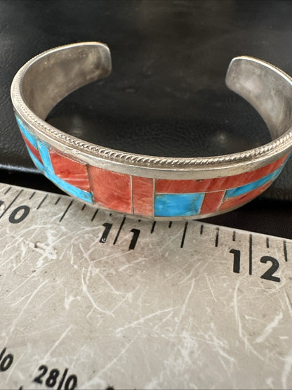 Blue Turquoise Spiny Oyster Zuni Sterling Silver Cuff Inlay Bracelet 7" 18994