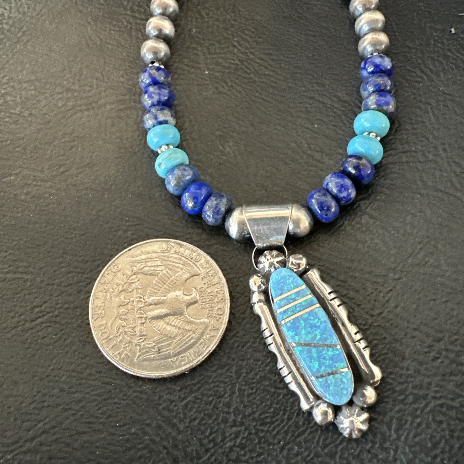 WoMens Opal Inlay Pendant Navajo Sterling Silver Blue Lapis Bead Necklace 18913