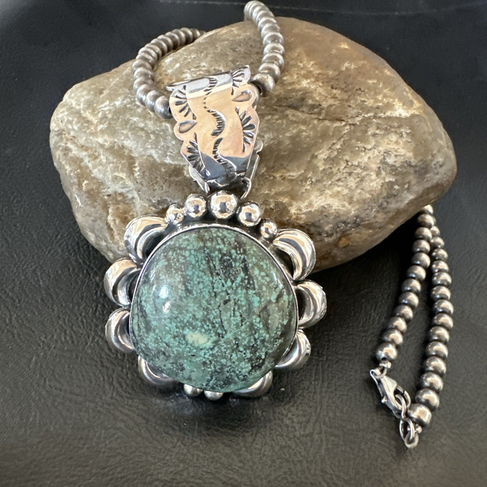 Yazzie Navajo Sterling Silver Blue Rustic Turquoise Necklace Pendant 2.75” 19000
