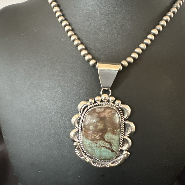 Yazzie Navajo Blue Rustic Turquoise Necklace Pendant | Sterling Silver | Authentic Native American Handmade | 18976
