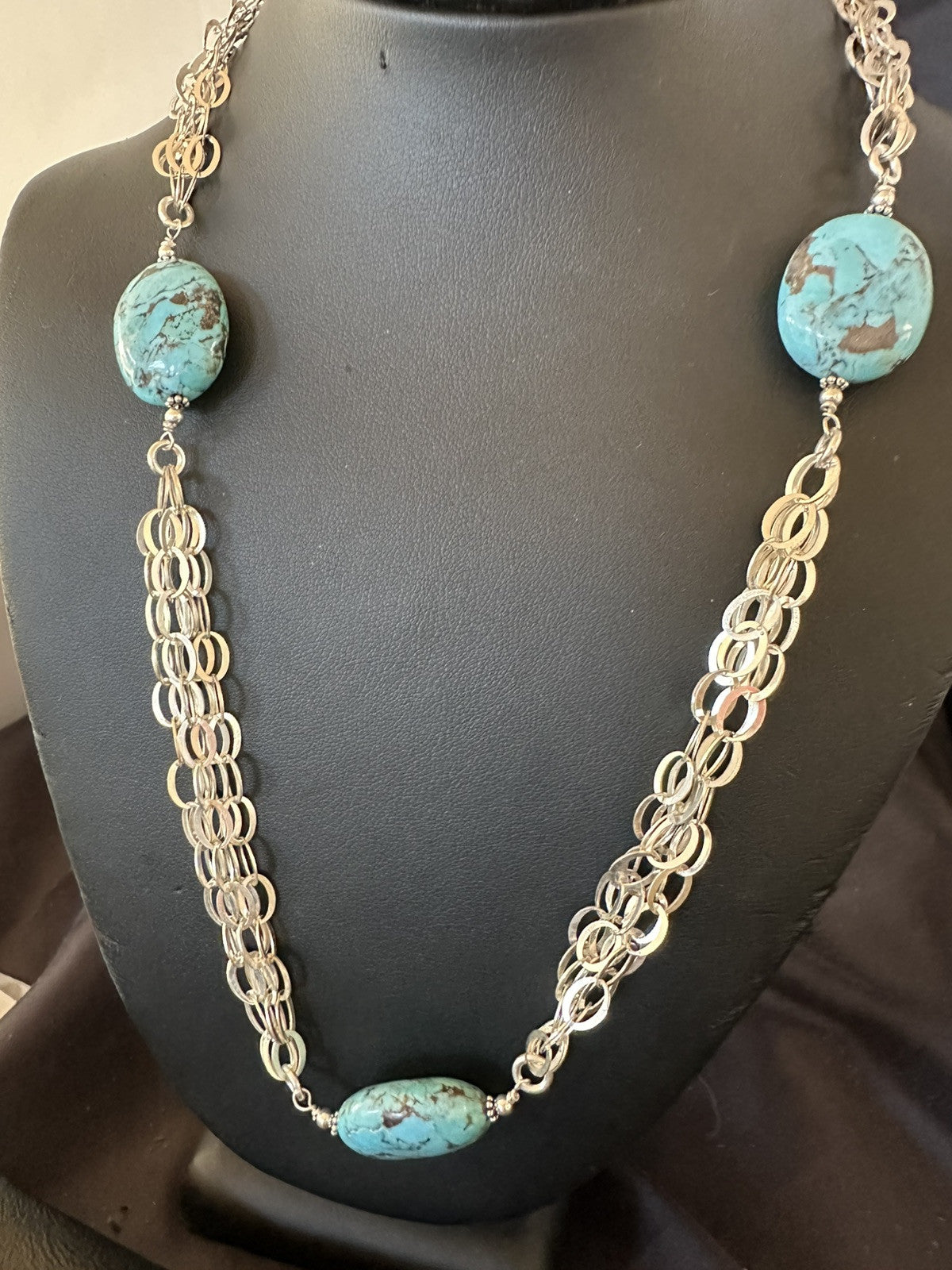Sterling Silver Beads 5 Strand Chain Blue Nugget Turquoise Necklace 21" 18911