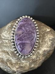 H Joe Purple Charoite Navajo Oval Ring Size 7 | Sterling Silver | Authentic Native American Handmade | 18962