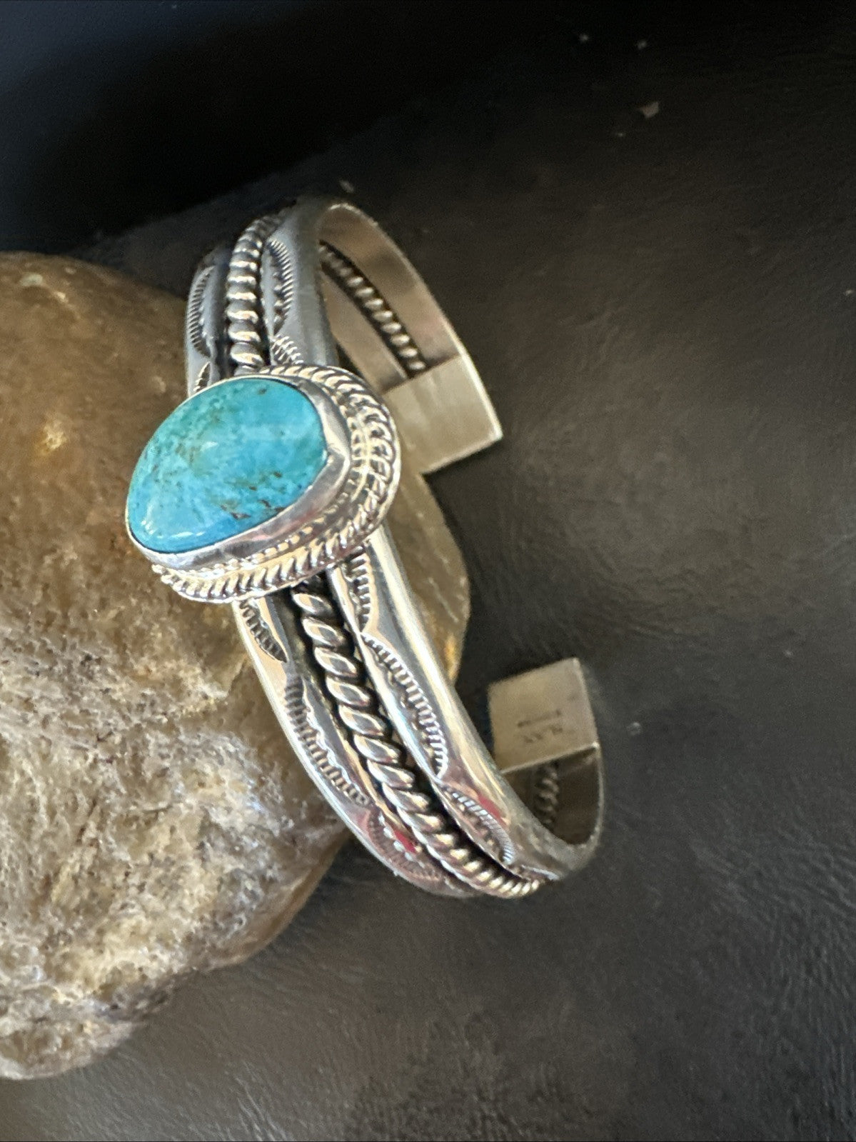 Stamped Blue Kingman Turquoise Sterling SIlver Cuff Bracelet 7.25” 18984