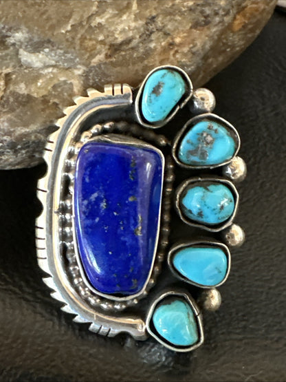 Navajo Cluster Lapis Kingman Turquoise Sterling Silver Ring Sz 8 18883