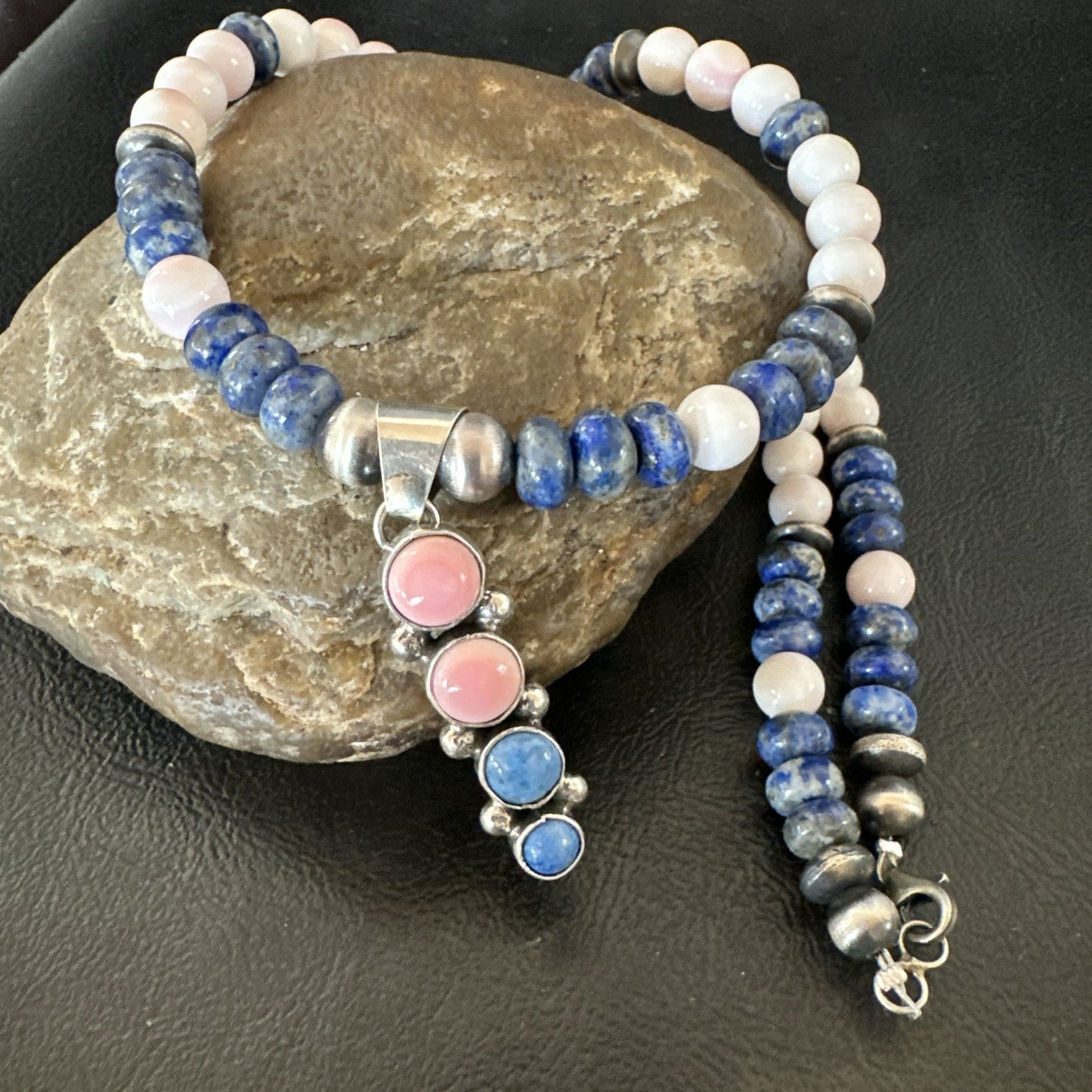 Cluster Pendant Pink Conch Lapis Navajo Pearls Sterling Silver Necklace 18896
