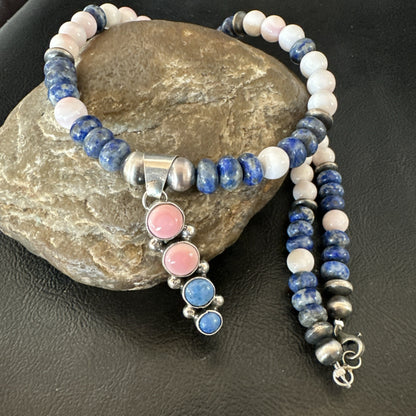 Cluster Pendant Pink Conch Lapis Navajo Pearls Sterling Silver Necklace 18896