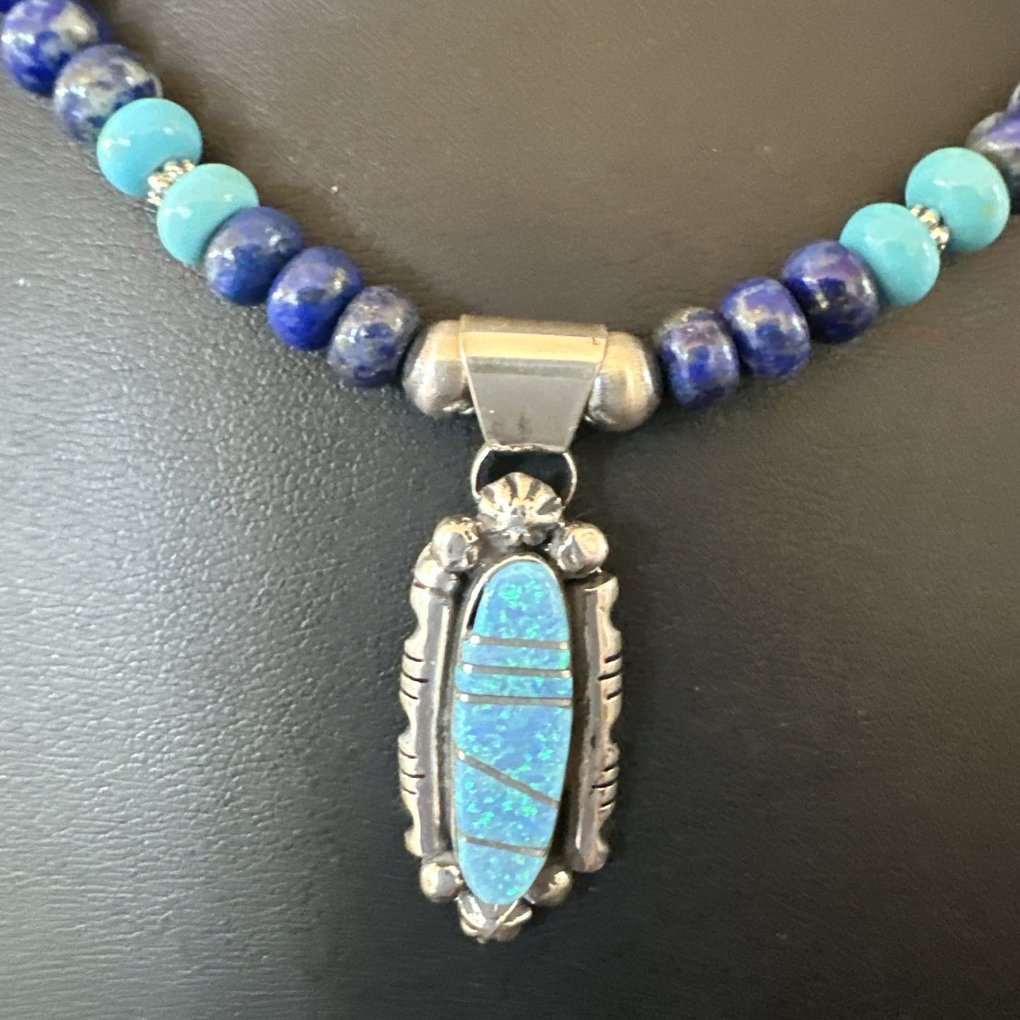 WoMens Opal Inlay Pendant Navajo Sterling Silver Blue Lapis Bead Necklace 18913