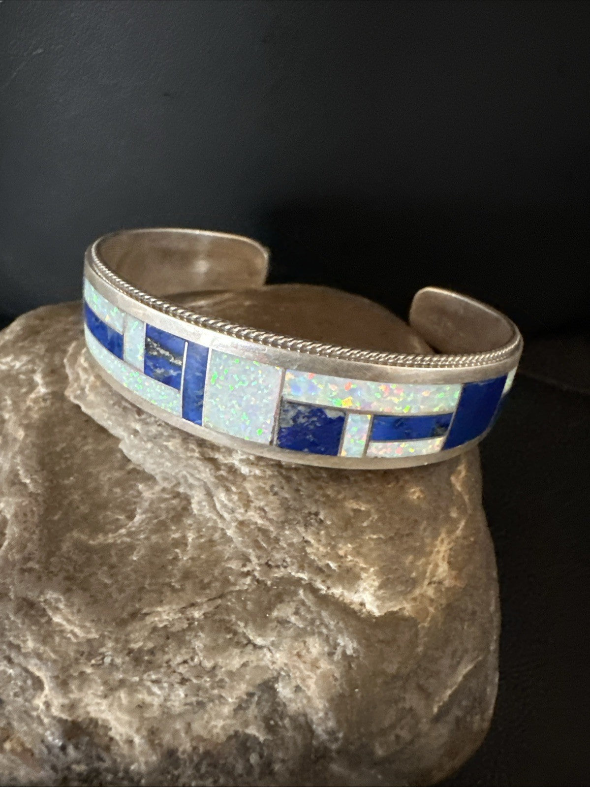 White Gilson Fire Opal Lapis Zuni Sterling Silver Inlay Bracelet 7.5" 18992