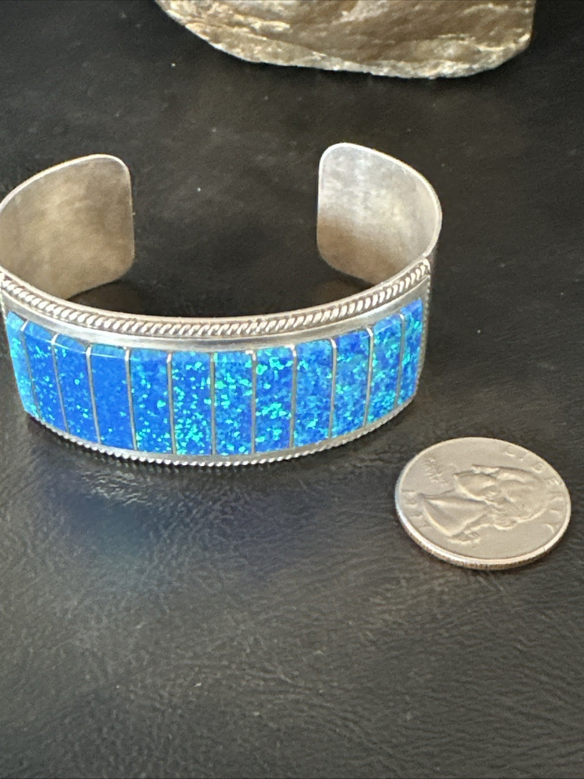 Blue Faux Gilson Fire Opal Navajo Sterling Silver Inlay Bracelet 7.5" 18991