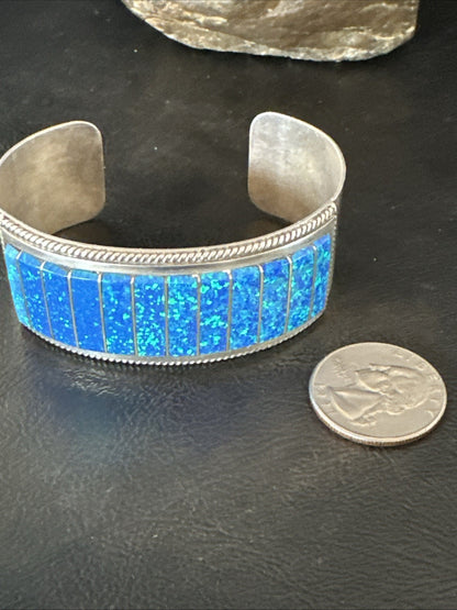 Blue Faux Gilson Fire Opal Navajo Sterling Silver Inlay Bracelet 7.5" 18991