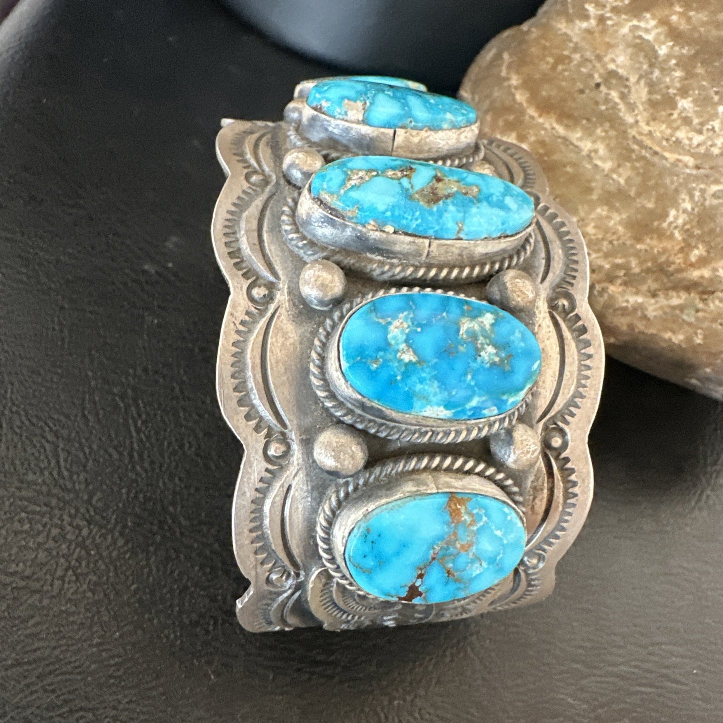 Mens Blue Kingman Turquoise Sterling SIlver Cluster Cuff Bracelet 8.2" 18875