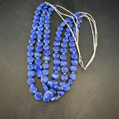 Blue Lapis Heishi 8mm Bead Liquid Sterling Silver 3 Strand Necklace 19" 18961