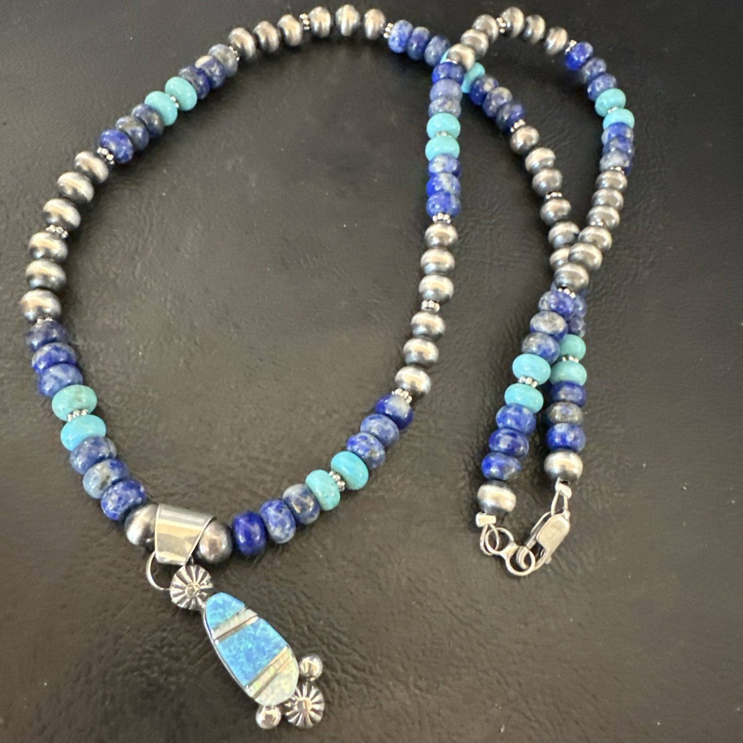 WoMens Opal Inlay Pendant Navajo Sterling Silver Blue Lapis Bead Necklace 18919