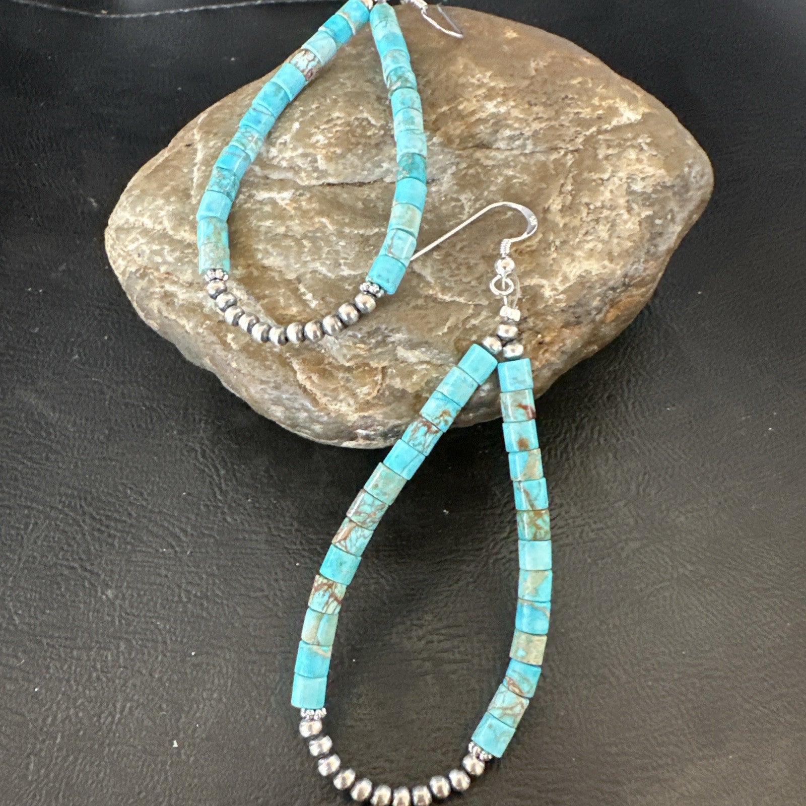 Blue Turquoise Heishi Navajo Sterling Silver Beads Earrings 2.5” 18953