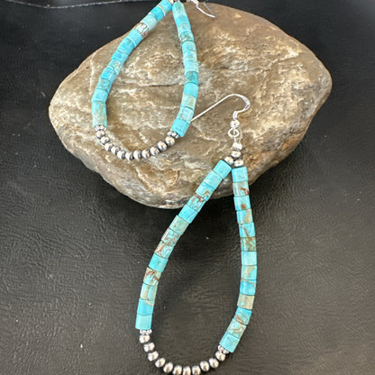 Blue Turquoise Heishi Navajo Sterling Silver Beads Earrings 2.5” 18953