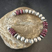 Purple Spiny Oyster 8mm Bead Bracelet Navajo 6.5" | Sterling Silver | Authentic Native American Handmade | 18946