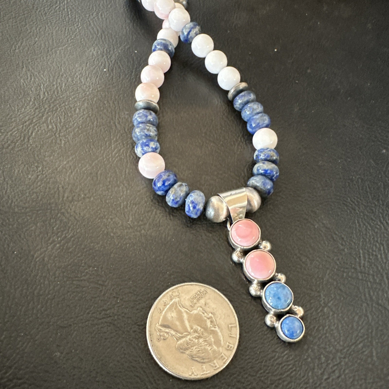 Cluster Pendant Pink Conch Lapis Navajo Pearls Sterling Silver Necklace 18896