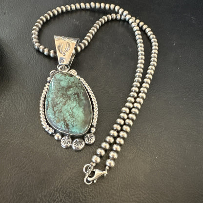 Navajo Sterling Silver Green Rustic Turquoise Necklace Pendant 2.75” 19010