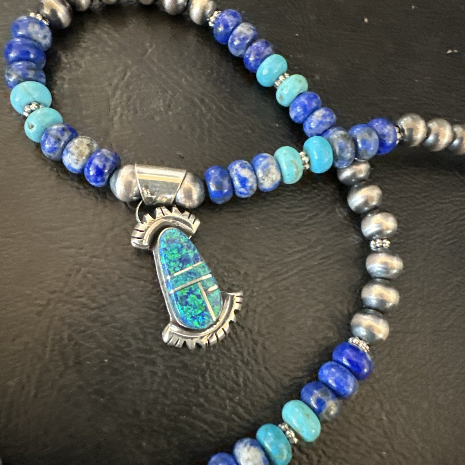 WoMens Opal Inlay Pendant Navajo Sterling Silver Blue Lapis Bead Necklace 18920