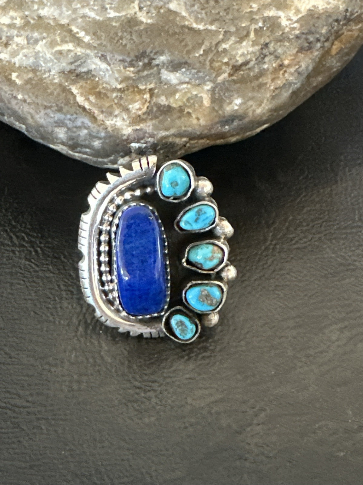 Navajo Cluster Lapis Kingman Turquoise Sterling Silver Ring Sz 9 18885