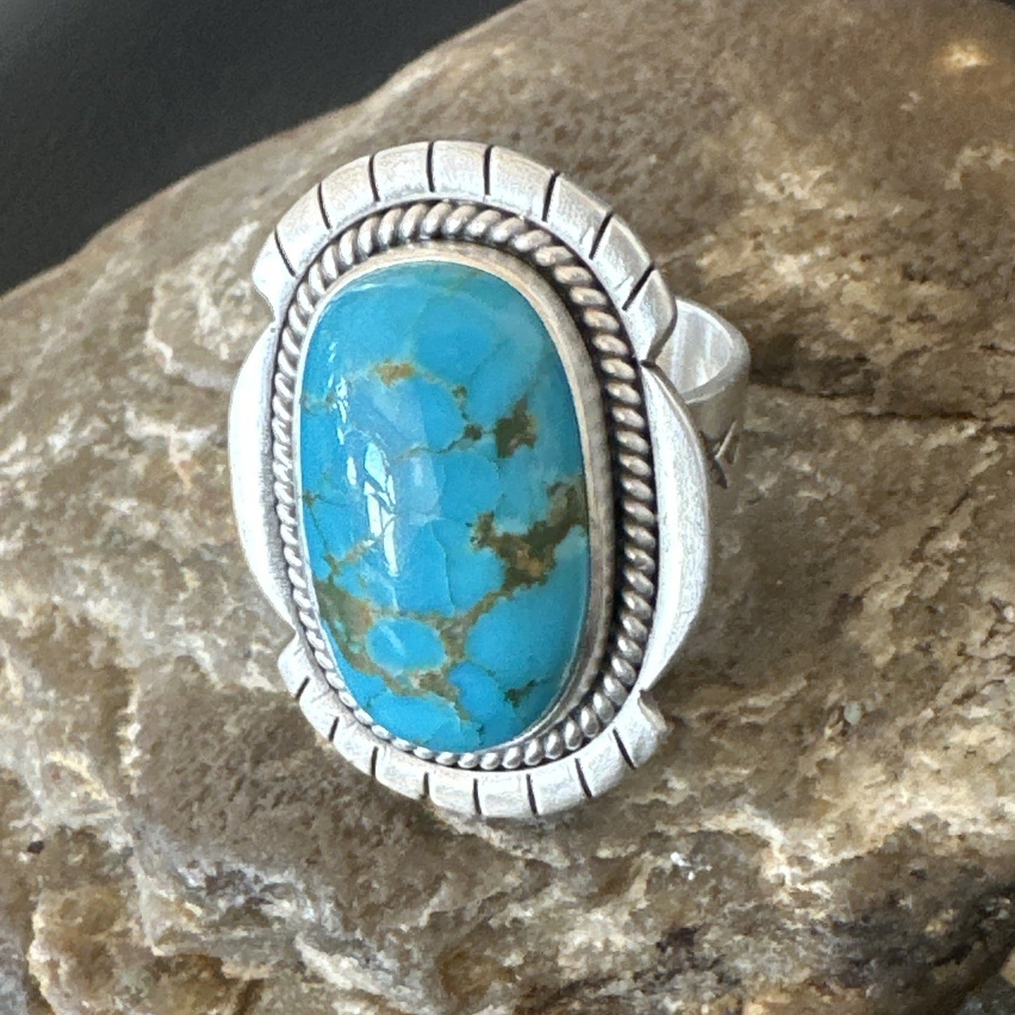 Navajo Sterling Silver Blue Kingman Turquoise Adjustable Ring Size 7 19005