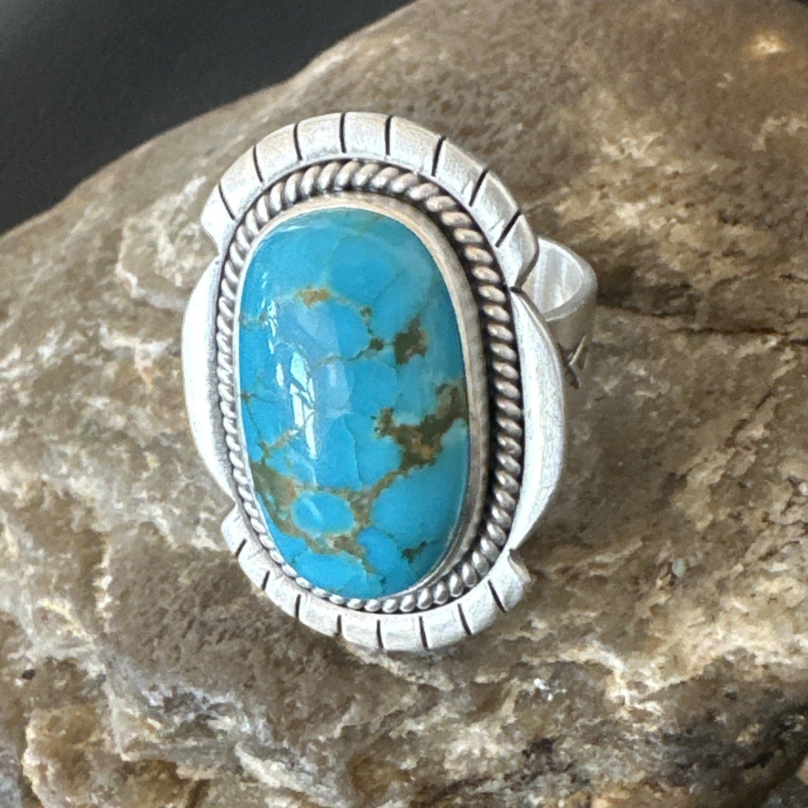Navajo Sterling Silver Blue Kingman Turquoise Adjustable Ring Size 7 19005