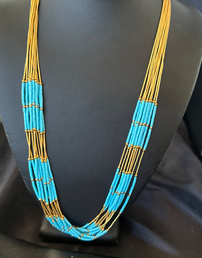 Gold Filled Blue Turquoise Heishi 10S Liquid Sterling Silver Necklace 24” 18909