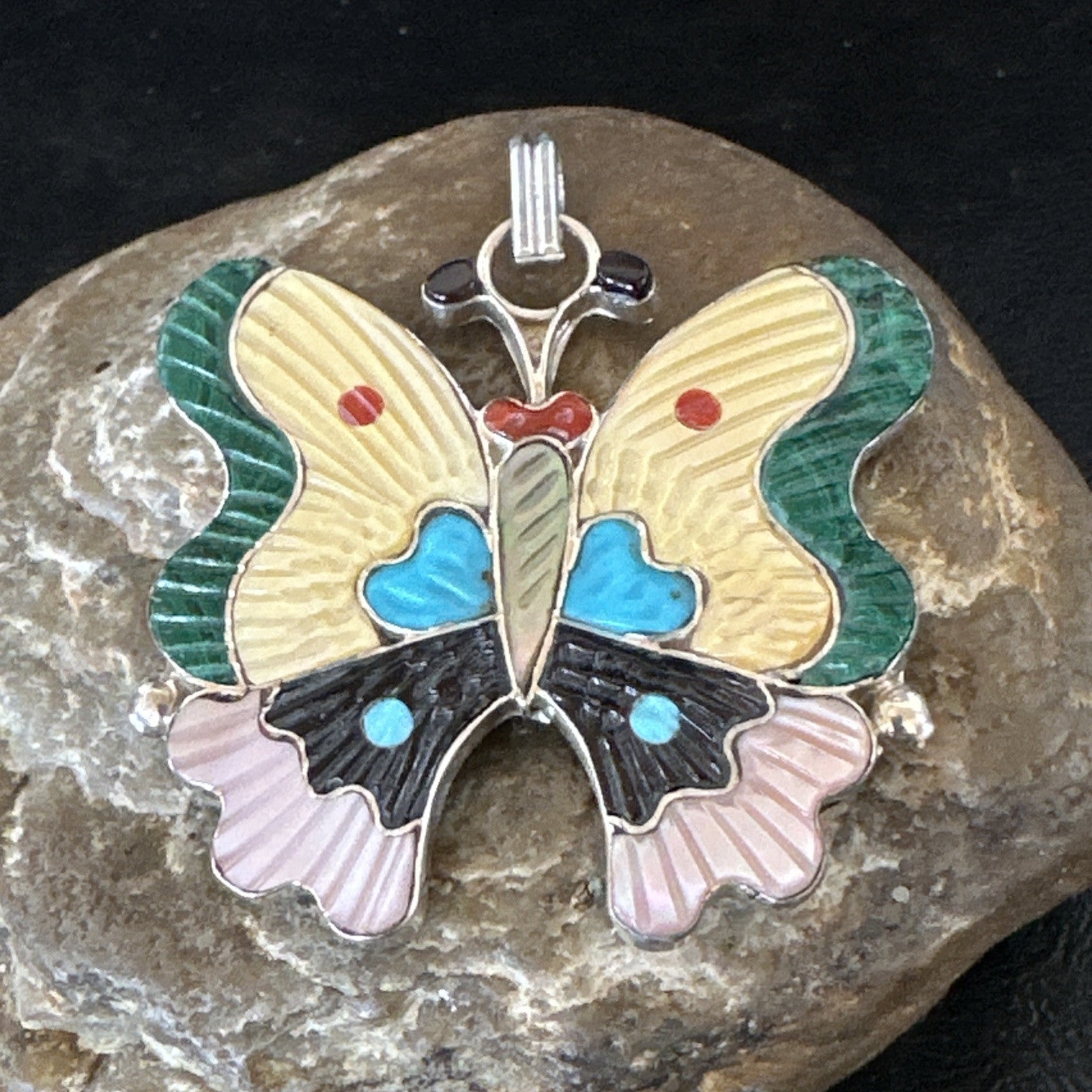 Zuni Turquoise Spiny MOP Onyx Butterfly Sterling Silver Beads Pendant 18903