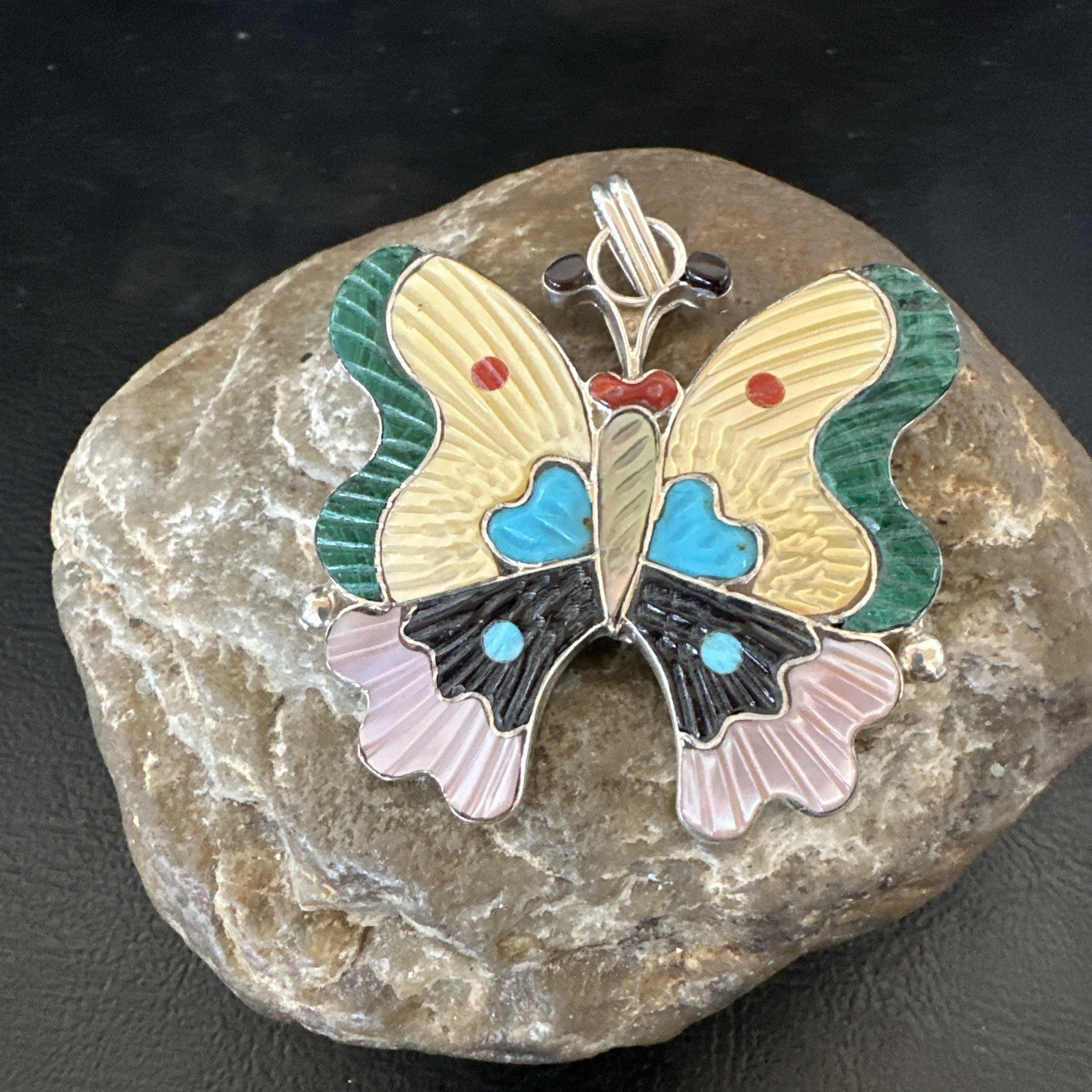 Zuni Turquoise Spiny MOP Onyx Butterfly Sterling Silver Beads Pendant 18903