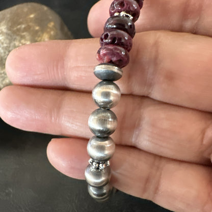 Purple Spiny Oyster 8mm Bead Bracelet Navajo Sterling Silver 6.5" 18946