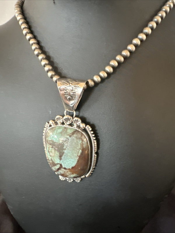 Yazzie Navajo Blue Rustic Turquoise Necklace Pendant | Sterling Silver | Authentic Native American Handmade | 18995