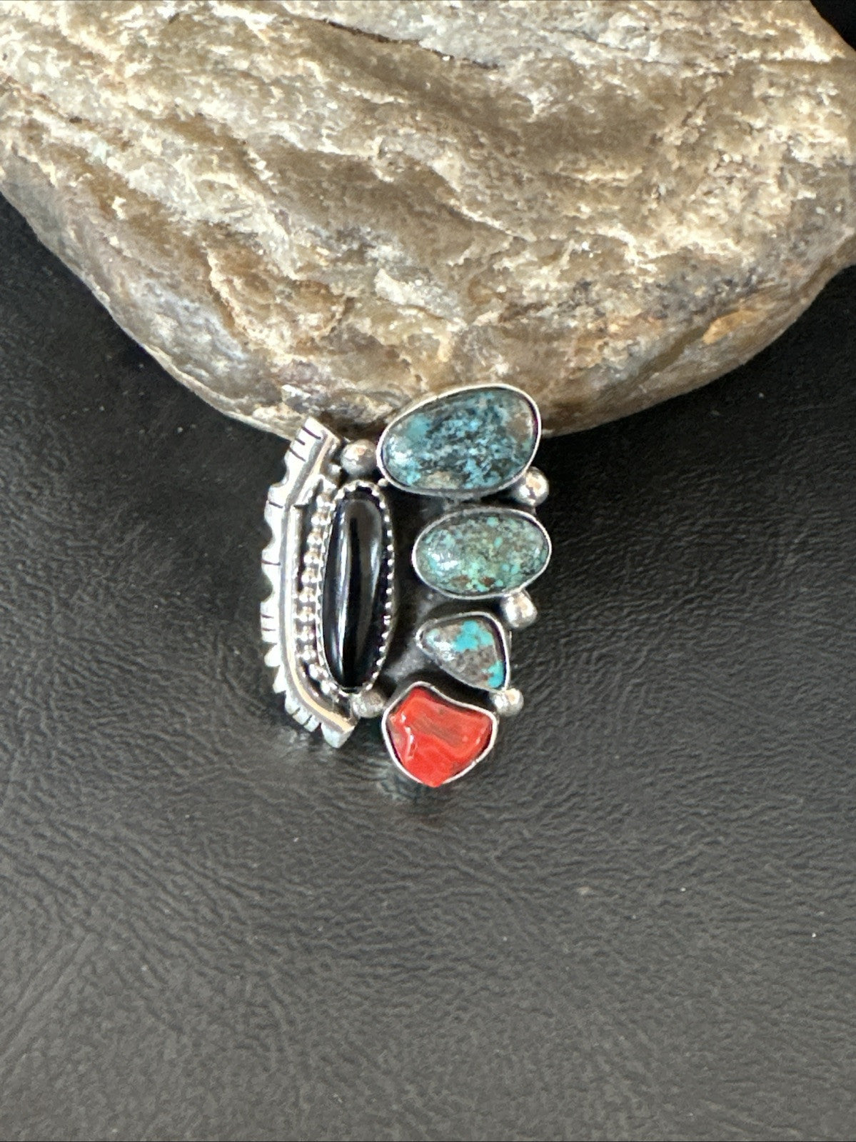 Navajo Cluster Onyx Blue Turquoise Coral Sterling Silver Ring Sz 7.5 18886