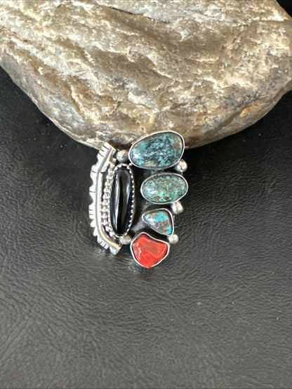 Navajo Cluster Onyx Blue Turquoise Coral Sterling Silver Ring Sz 7.5 18886