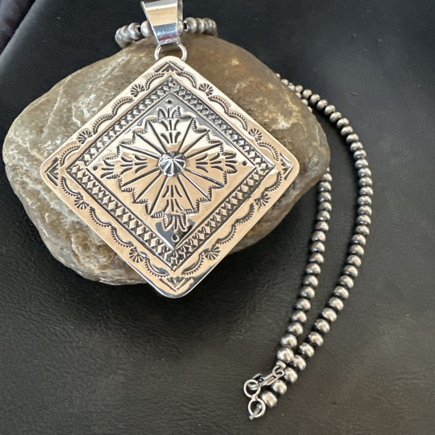 H Joe Handmade Stamped Pendant Navajo Sterling Silver Necklace 3.5" 18980