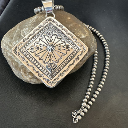 H Joe Handmade Stamped Pendant Navajo Sterling Silver Necklace 3.5" 18980