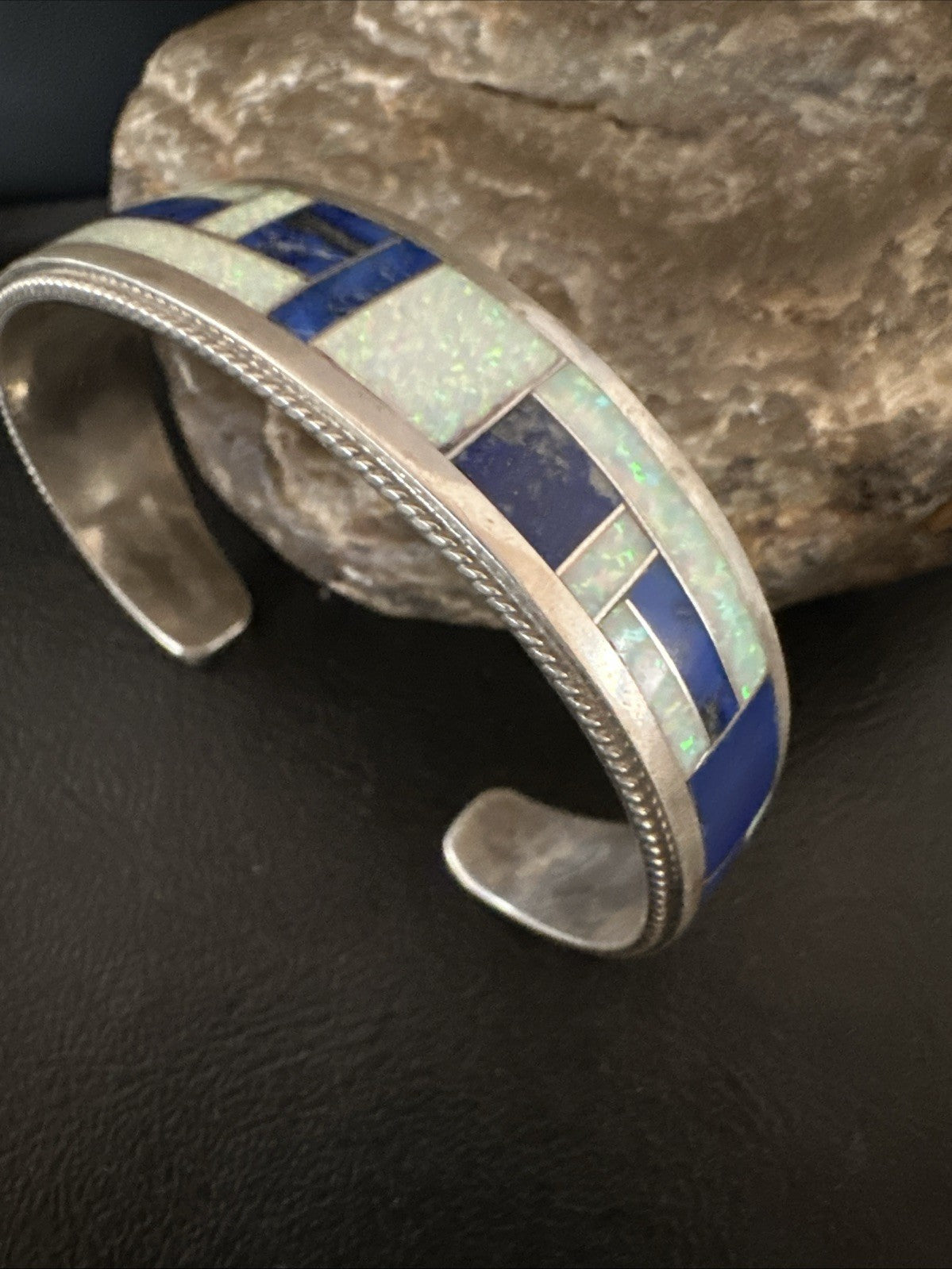 White Gilson Fire Opal Lapis Zuni Sterling Silver Inlay Bracelet 7.5" 18992