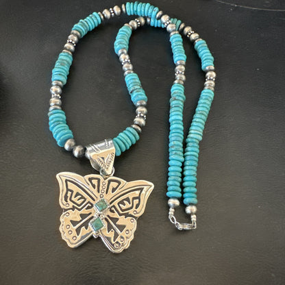 Butterfly Blue Turquoise Pendant Navajo Sterling Silver Necklace 26" 18905
