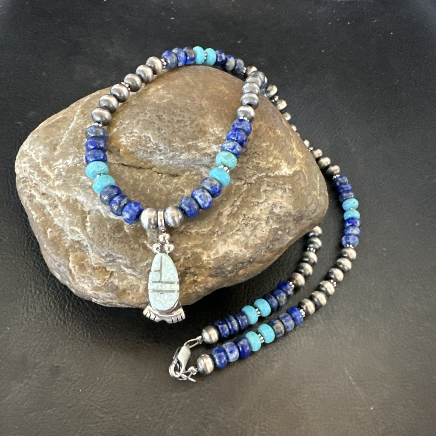 WoMens Opal Inlay Pendant Navajo Sterling Silver Blue Lapis Bead Necklace 18912