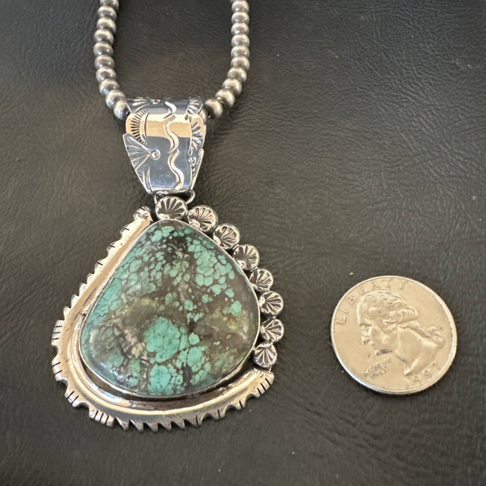 Navajo Sterling Silver Green Rustic Turquoise Necklace Pendant 2.75” 19011