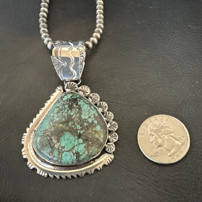 Navajo Sterling Silver Green Rustic Turquoise Necklace Pendant 2.75” 19011