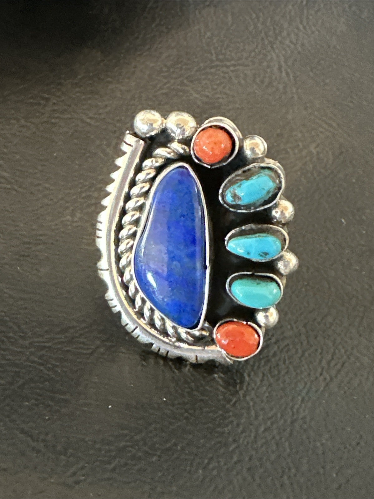 Navajo Cluster Lapis Kingman Turquoise Coral Sterling Silver Ring Sz 8 18882