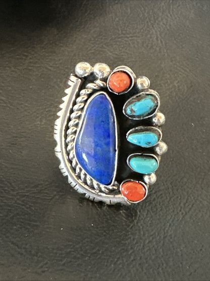 Navajo Cluster Lapis Kingman Turquoise Coral Sterling Silver Ring Sz 8 18882