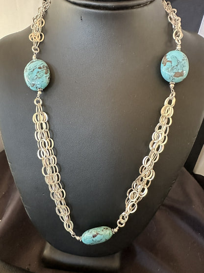 Sterling Silver Beads 5 Strand Chain Blue Nugget Turquoise Necklace 21" 18911