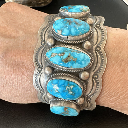 Mens Blue Kingman Turquoise Sterling SIlver Cluster Cuff Bracelet 8.2" 18875