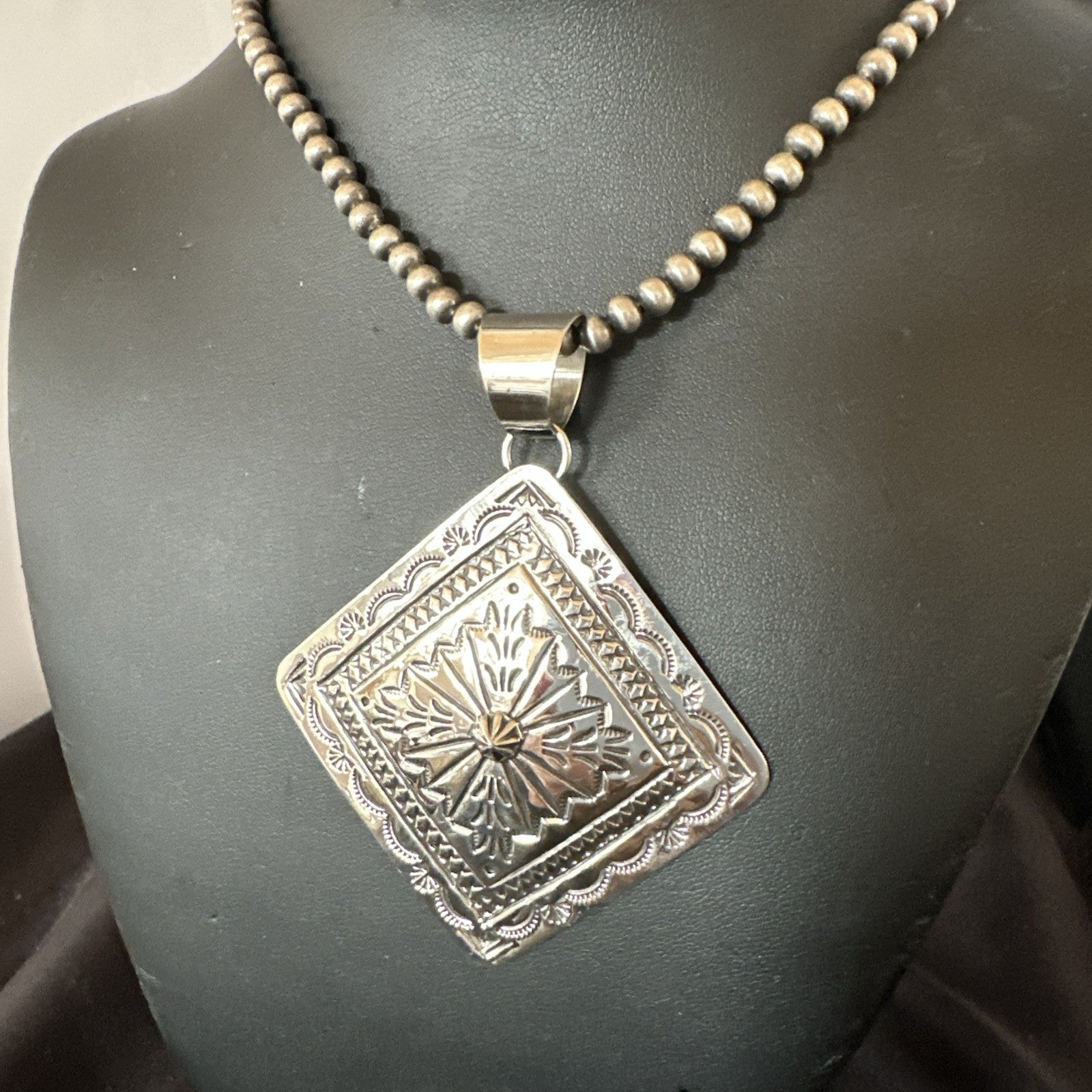 H Joe Handmade Stamped Pendant Navajo Sterling Silver Necklace 3.5" 18980