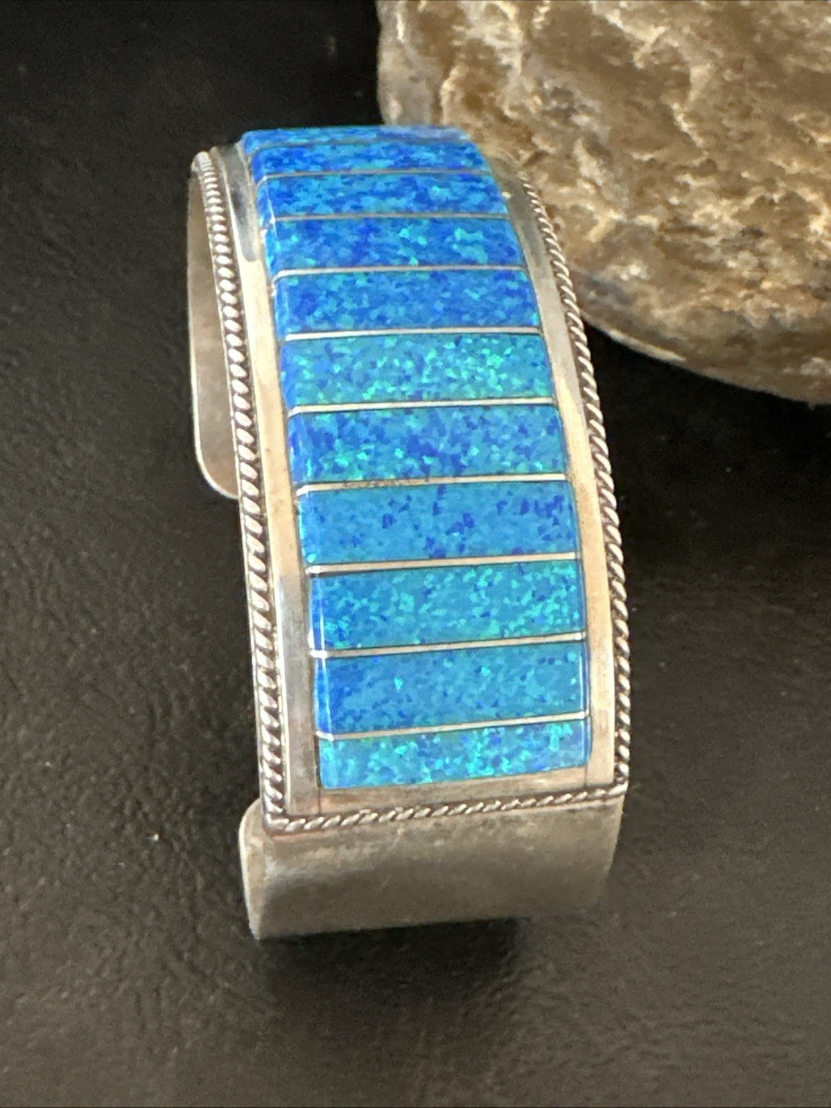 Blue Faux Gilson Fire Opal Navajo Sterling Silver Inlay Bracelet 7.5" 18991