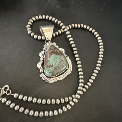 Yazzie Navajo Sterling Silver Blue Rustic Turquoise Necklace Pendant 18969