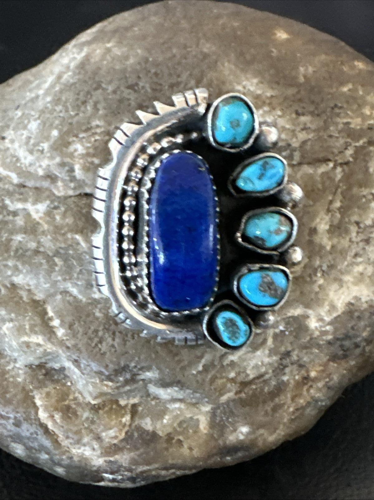Navajo Cluster Lapis Kingman Turquoise Sterling Silver Ring Sz 9 18885